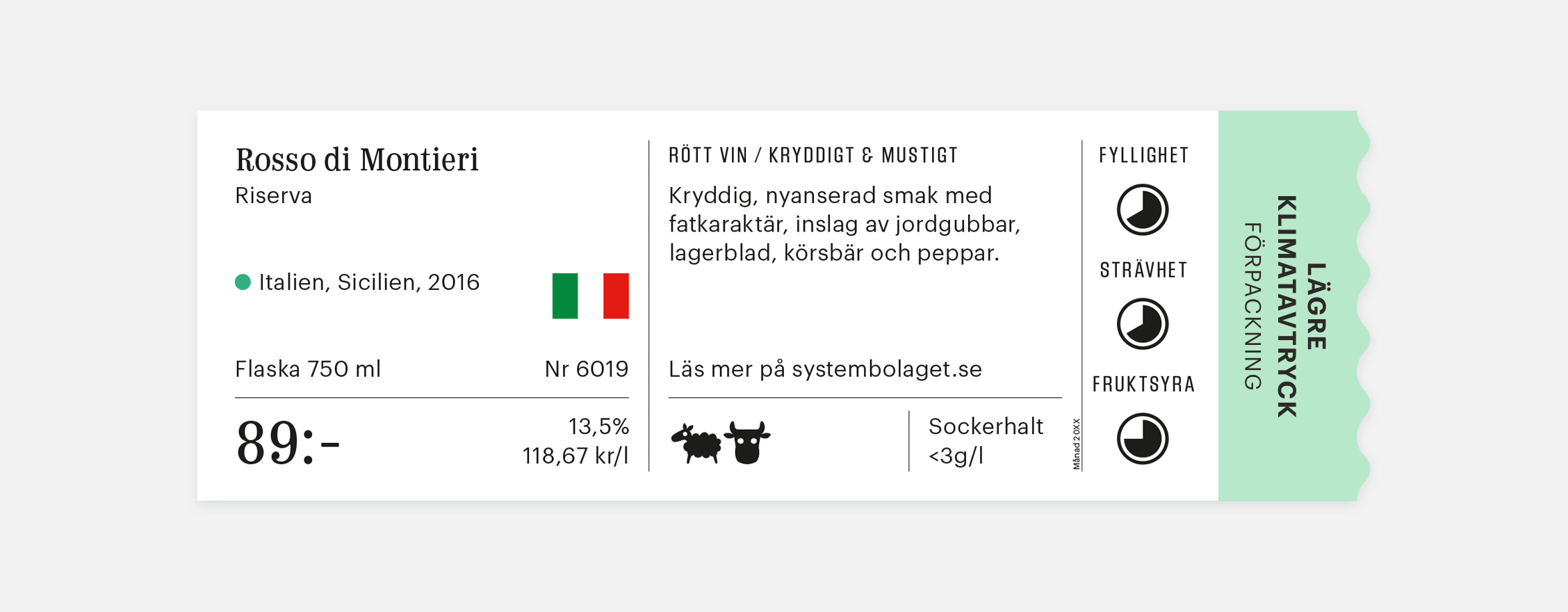 Systembolagets hyllkantsetikett på butikshyllan